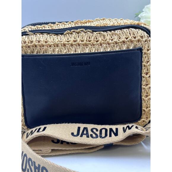 JASON WU Sylvia Small Straw Camera Crossbody Canvas Logo Adjustable Strap 
Bag - Picture 3 of 9